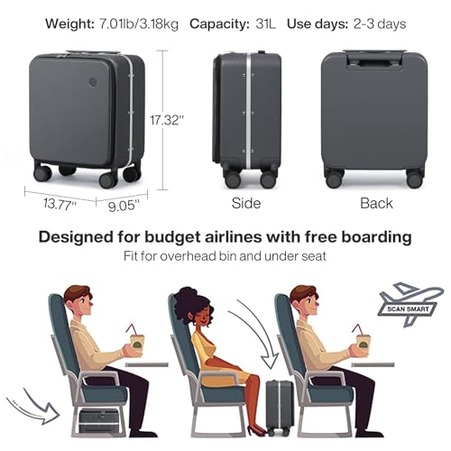 Image of mixi 17x14x9 Carry On Luggage Underseat PC Hard Shell Suitcase Top Opening Aluminum Frame Travel Suitcases with Wheels, Rock Gray