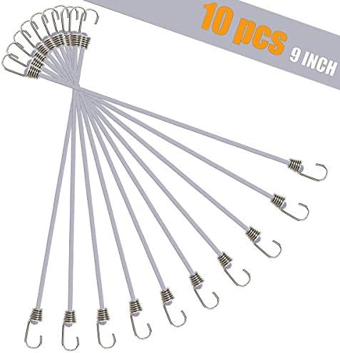 10 Pack Mini Bungee Cords with Hooks, 9 Inch Rubber Stretchy Bungee Cords with Carabiner Hooks for Camping, Tools, Tarps(White)