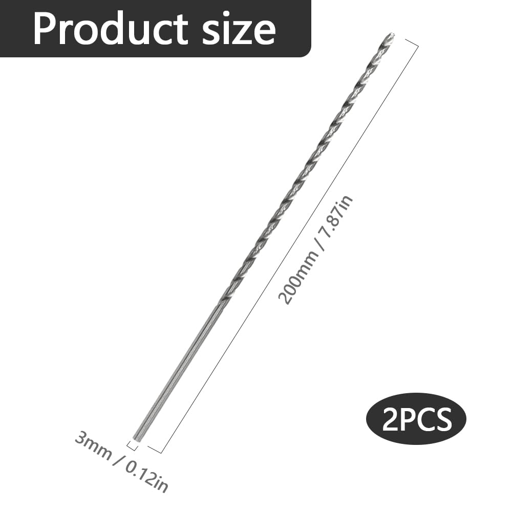 Punte da trapano lunghe da 3 mm, 200 mm, in acciaio al carbonio ad alto tenore di carbonio, accessori per trapano per legno, plastica e alluminio, 2 pezzi (argento)