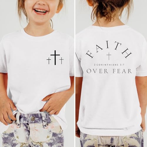 Image of Girl's Faith Over Fear Shirt Christian Bible Verse Shirts Cross Graphic Tees for Tween Girls Kid Inspirational Tops