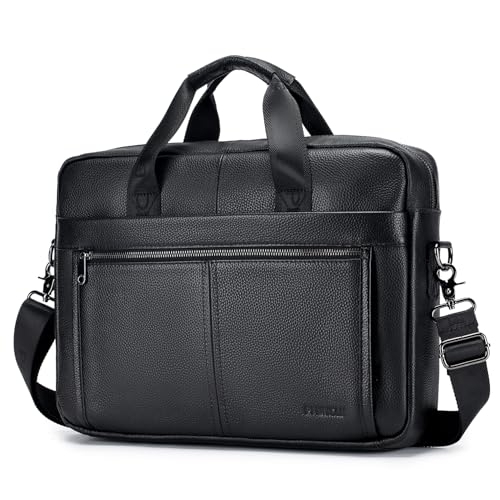 BAGZY Maletin para Ordenador Portátil 15.6 Pulgadas Regalo Hombre Maletín de Cuero Genuino Bolso Hombre Bandolera para Portátil Bolso Mensajero Negocios (Negro)
