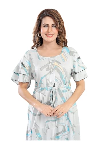 Image of NIGHT SHADES | Alpine Frock Style Designer Nighty |Women's Abstract Print Maxi Dress | Ruffle Sleeve |Cotton Blend| Women Nighty | Nighty for Women | Gown |