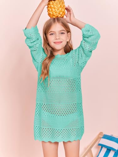 Image of Batermoon Girls Crochet Long Sleeve Swimsuit Cover Up Kids Fashion Hollow Out Swimwear Beach Dress 5-14 Years