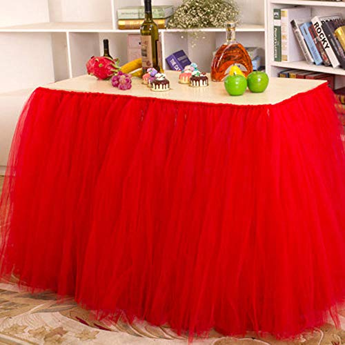 HI SBM Table Skirt Tutu Tulle Table Cloths,Party net yarn mixed color table skirt, table skirt dessert table wedding decoration tablecloth-Scarlet,Birthday Wedding Party Valentine