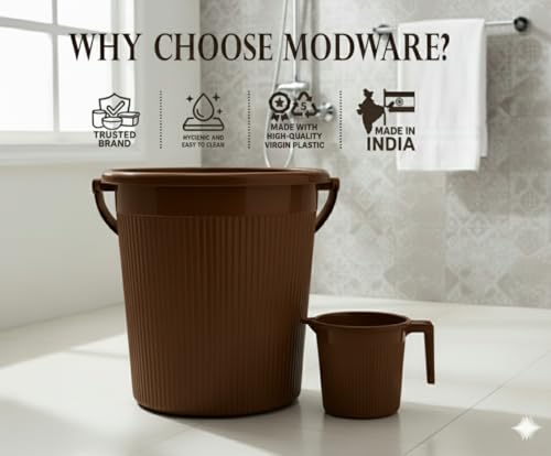 Image of MODWARE Plastic Bucket Set with Mug, 20L Bucket with 1L Mug, Polypropylene, Round Shape, (Brown, 20 L)