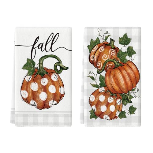 Artoid Mode DISHTOWEL-FALL-4075-2PC-049BO Polka Dot Pumpkin Buffalo Plaid Fall Kitchen Towels Dish Towels cover