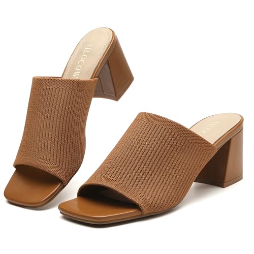 Image of Tilocow Knit Heeled Sandals for Women Square Open Toe Heeled Mules Chunky Block Low Heel Slip On Slides