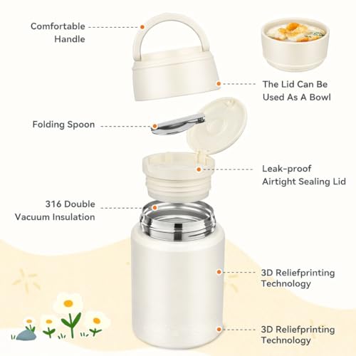 Image of Insulated Food Jar with Folding Spoon | 304 Stainless Steel Lunch Pot, Leak Resistant Wide Mouth Thermos for Hot & Cold Food | Soup Container for Office Travel (550ml, White)