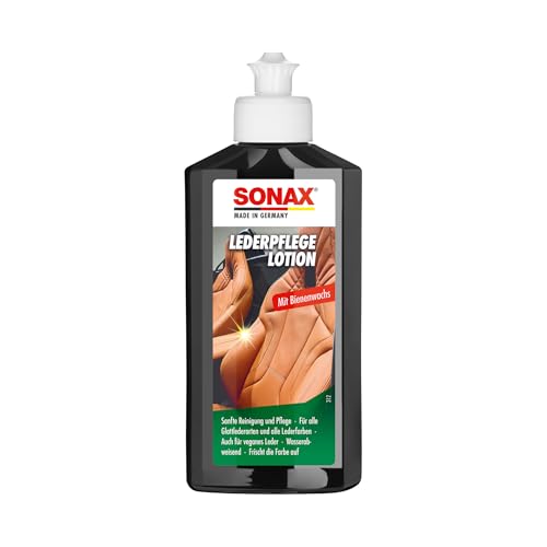 SONAX LederPflegeLotion (250 ml) wasserabweisende Lederpflege mit Bienenwachs für eine sanfte Reinigung und Pflege von Glattleder und Kunstleder | Art-Nr. 02911410