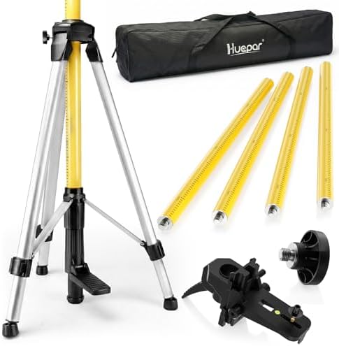 Huepar 12 Ft./3.7m Telescoping Pole with 1/4-Inch by 20-Inch Laser Mount for Rotary and Line Laser Level, Adjustable Telescoping Pole with Tripod - 5/8"-11 Adapter Nut Included LP36
