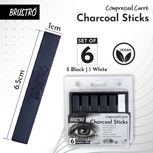 Image of BRUSTRO Artist Compressed Carre Charcoal Sticks - Set of 6 (5 Black & 1 White Stick) | Ideal for Portrait Charcoal Art, Sketching, Shading, Blending, Drawing, Craft, Professional use.
