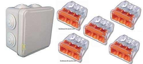 5x IP54 Verteilerdose Abzweigdose 84x84x50mm mit elastischen Tüllen + 5x Steckklemme 3x 0,5-2,5mm² Cover