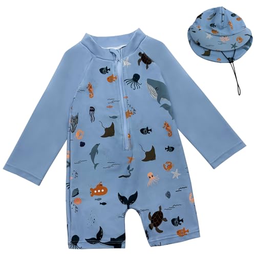 Baby Boy Girl Marine Creature Rash Guard Toddler Long Sleeve Swimsuit with Sun Hat Infant Unisex One Piece Blue Swimwear Bathing Suit for Beach Pool 18-24 Months