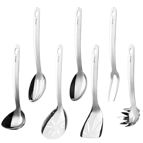 Set d'Ustensiles de Cuisine en Acier Inoxydable, Set de 7 Pièces, Fourche à Viande, Cuillère de Service Pleine, Louche, Fourche à Pâtes, Écumoire, Cuillère de...