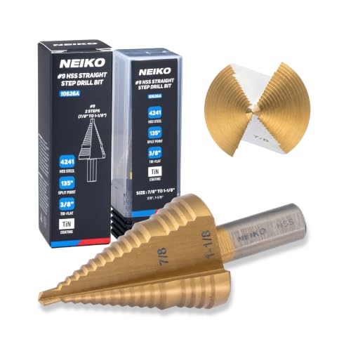 Image of NEIKO 10626A Step Drill Bit, 2 Steps 7 /8 inch to 1-1 /8 inch Straight High Speed Steel, Titanium Nitride Coated, 3 /8 inch Tri-Flat Step Bits for Steel, Metal, Wood, Plastic, Unibit Cone Drill Bits, Two Flute