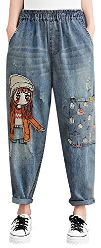 LAI MENG FIVE CATS Women Casual Jeans Denim Loose Pants Elastic Waist with Pocket