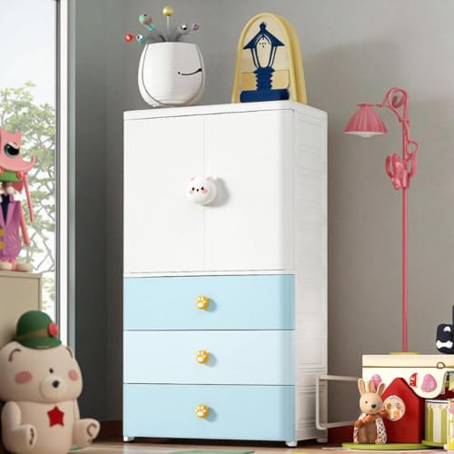 Image of Portable Collapsible Wardrobe for Kids Plastic Storage - Cloth Organizer Cupboard /Multipurpose Storage /Closet for Bedroom /Living Room /Easy to Assemble Room & Home (Blue Bear)