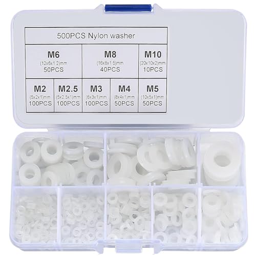 WUBAYI 500 Piezas Arandelas de Nylon Blanco, Surtico Arandelas Plásticas Planas para Fontanería, Grifería & Reparaciones Mecánicas, Tamaños M2, M2.5, M3, M4, M5, M6, M8, M10