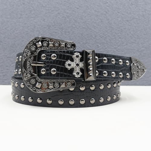 Men's Women's Studded Belt Western Rhinestones Cross Rivet Crocodile Pattern Embossed Strap with Filigree Buckle3