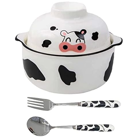 Ramen Bowl with Handle and Lid, Cow Ceramic Instant Noodle Bowl with Spoon & Fork, 650mL Noodles Bowl Soup Bowls, Porcelain Bowls for Soup, Udon Pasta Salad Cereal, Cow Print Cover