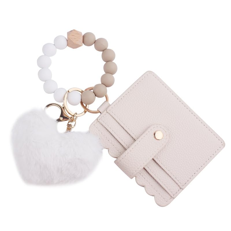 NICIFOAM Wallet Keychain Wristlet for Women Plush Charm Keychains Credit Card Holder Purse Tassel Keychain Bangle Key Ring for Women Off White