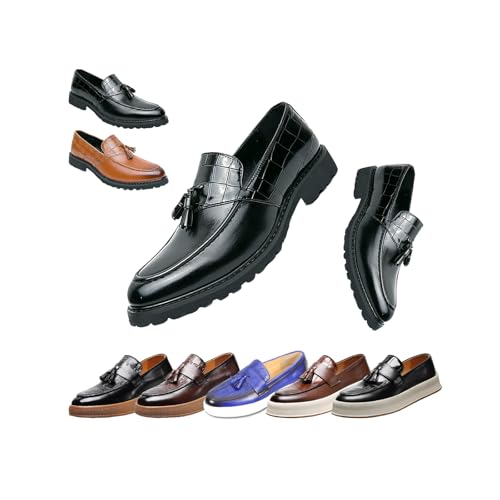 Men's Plaid Pattern Leather Slip On Tassel Loafers, Casual Formal Business Work Penny Loafers, for Dating Business Party