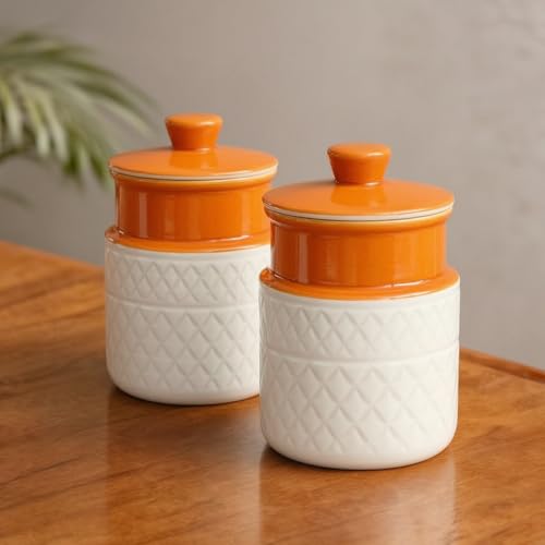 Image of Ceramic Storage Jar with Lid Set of 2-1000 ML Each | Orange & White Textured Kitchen Container for Tea, Coffee, Sugar, Snacks & Dry Storage | Decorative Countertop Jar