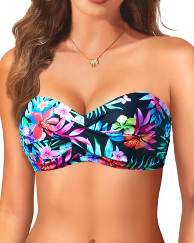 Bandeau Bikini Tops for Women - Strapless Swim Top Only Twist Front Bathing Suit Tops Colorful Floral M