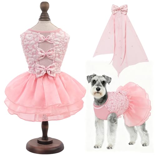 ASENKU Dog Dress Dog Wedding Dress Pet Lace Princess Dress with Bows for Wedding Birthday Party Puppy Formal Apparel with Pearl Necklace for Large Dogs (Pink X-Large)