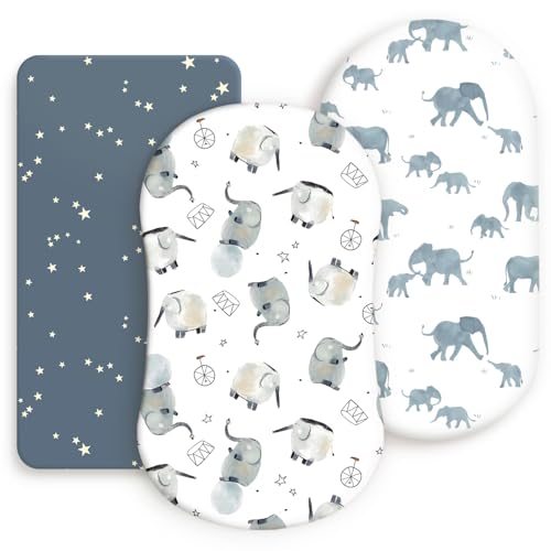 Image of Stretchy Ultra Soft Fitted Bassinet Sheets Set 3 Pack, Universal Fit for Bassinets Baby Cradle Moses Basket Oval Rectangle Mattress Safe and Snug, Stylish Bassinet Sheet of Elephant Print