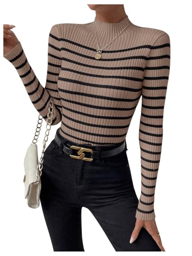 Image of MakeMeChic Women's Casual Rib Knit Striped Mock Neck Long Sleeve Pullovers Tops Slim Fitted Sweaters Brown Small
