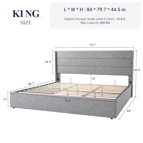 Allewie King Size Lift Up Storage Bed, Modern Wingback Headboard, Hydraulic Support, No Box Spring Needed, Light Grey