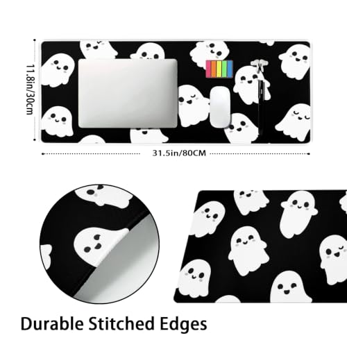 Image of Halloween Cute Ghost Mouse Pad Kawaii Cartoon Spooky Funny Spirit Extended Desk Mat Non-Slip Rubber Base Stitched Edge Large XL Black White Mousepad for Desk Gaming Laptop Desktop,31.5x11.8 Inch