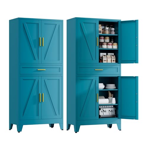 Image of 71 inch Tall Farmhouse Pantry Cabinet,Metal Cabinet with Adjustable Shelves and Doors,Storage Cabinet for Kitchen Garage,Blue 1 Pack