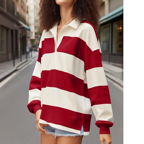 Women Striped Polo Shirt Y2K Oversized Long Sleeve Collared Pullover Jersey Sweater Vintage Loose Rugby Sweatshirt2