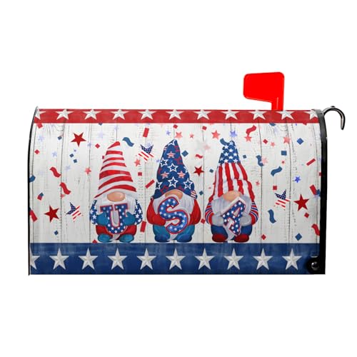 Image of Patriotic Gnomes Mailbox Cover Magnetic 4th of July Elf USA Stars Independence Day Mailbox Wrap Post Cover Large Size 25.5 inchx21 inch for Garden Yard Outdoor Outside Holiday Decor