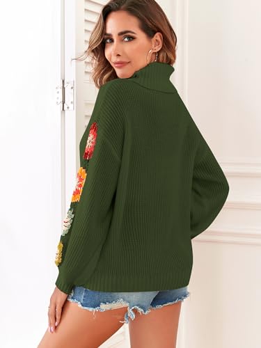 Image of ZAFUL Flower Crochet Turtleneck Sweater for Women Pullover Puff Long Sleeve Boho Knit Sweaters Trendy Knitwear Tops