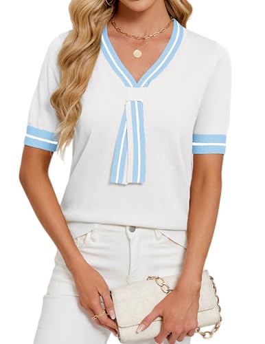 Image of Libsorge Womens Lightweight Cute Bow Tie Sweater Spring 2026 Business Casual Outfits V Neck Short Sleeve Tops