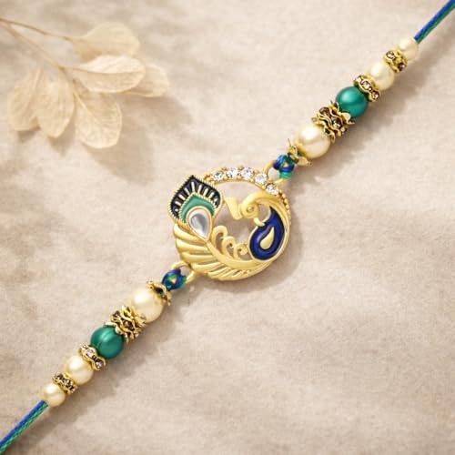 Image of Riddhika Ventures Glorious Gold Plated Auspicious Diamond Ring Rakhi with Roli Chawal and Greeting Card