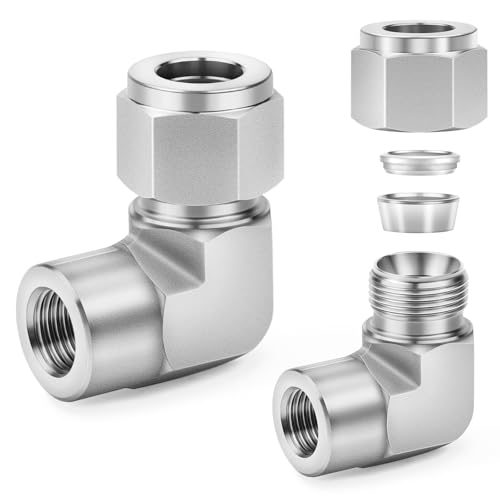 ChillWaves 304 Stainless Steel Compression Tube Fitting, 1/4" OD x 1/8" NPT Female 90 Degree Elbow Compression Union Connector(2-PACK)