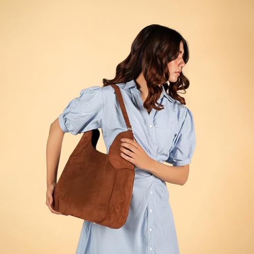 Image of Theater Fudge Shoulder Bag for Women | Structured Faux Leather & Faux Suede Hobo Tote with Magnetic Closure | Spacious Everyday Handbag with Internal Zip Pocket