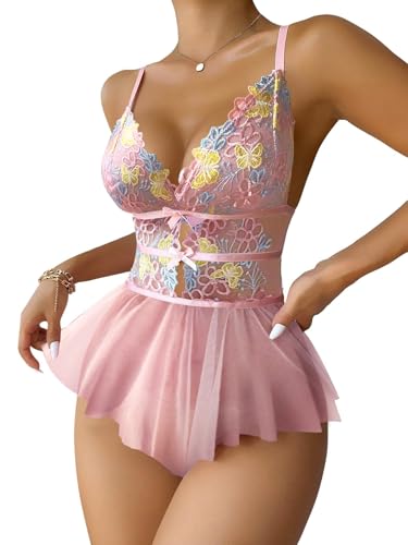 Image of Lilosy Sexy Bows Floral Lace Mesh Babydoll Lingerie Romper