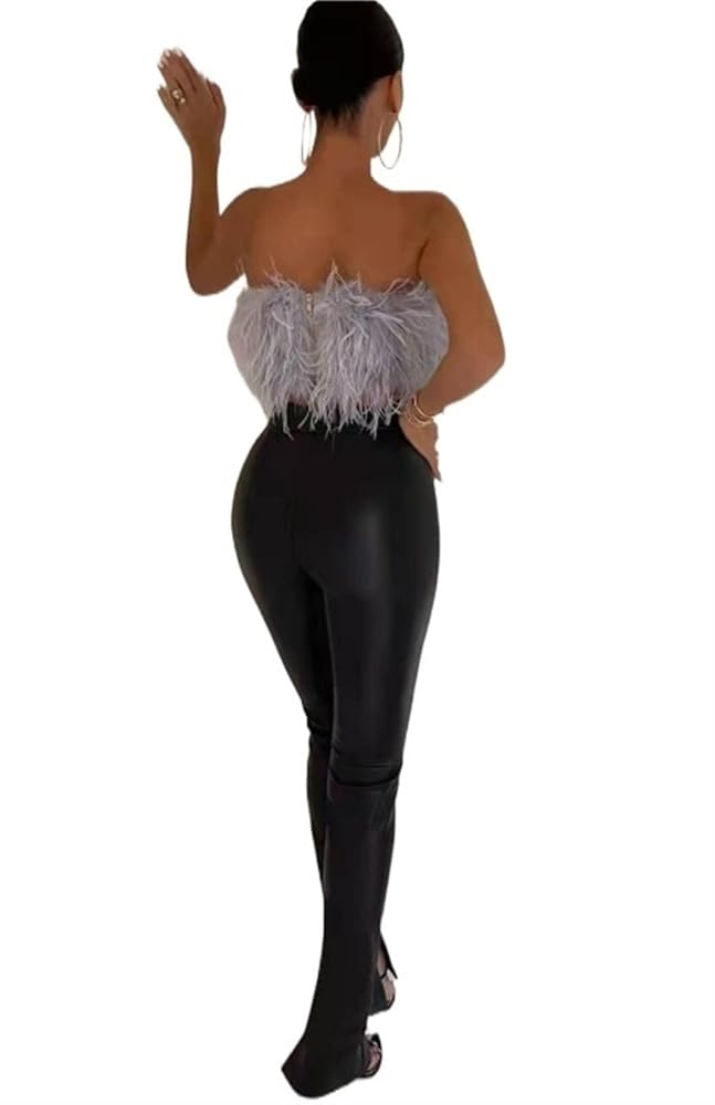 YLFC Feather Tops for Women Strapless Faux Fur Crop Top