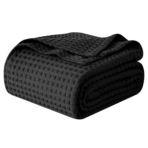 Image of Elegant Comfort Premium 100% Cotton Waffle Blanket - Lightweight Breathable Waffle Weave Bed Blanket - Soft and Warm All Season Blanket for Couch, Sofa and Bed, Queen Size 90x90 Inches, Black