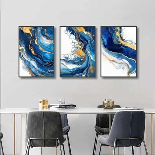 Affiches bleu foncé et or : impression d'art mural abstrait en 3 cadres