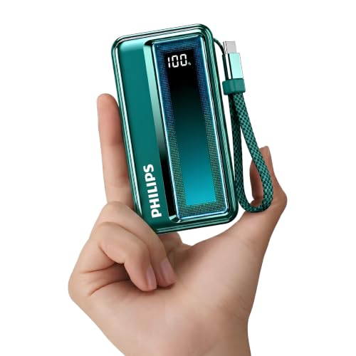 Image of Philips DLP2721NC /94 20000mAh 45W Fast Charging Power Bank with Built-in Type-C Cable (Chrystal Teal) | Digital LED Display | Lithium Polymer | 2 Type-C & USB-A | Pocket Size | Travel-Friendly