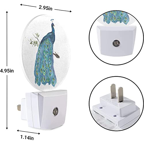 Image of EKOBLA Peacock Night Light, Watercolor Peacock Feather Teal Night Lights Plug Into Wall with Auto Sensor, 0.5W Sleep Friendly