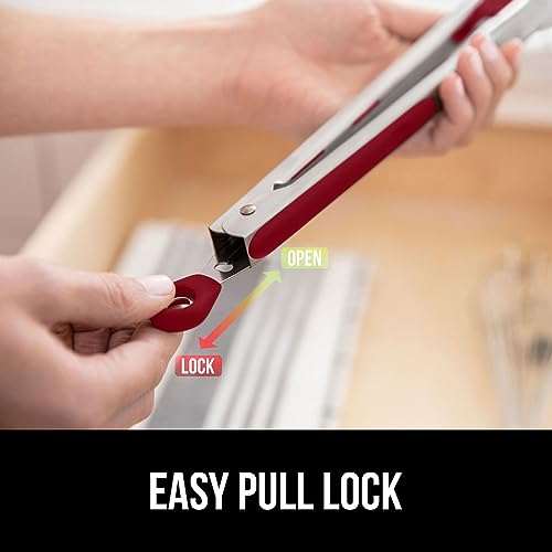 Image of GORILLA GRIP Stainless Steel Heat Resistant Kitchen Tongs for Cooking, 9 + 12 Inch, Set of 2 BBQ Tong, Non Scratch Silicone Tip for Pan, Strong Grip, Grab Food, Toss Salad, Air Fryer, Pull Lock, Red