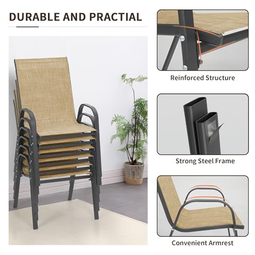 Image of PIZZELLO Patio Chairs Set of 4, Outdoor Stackable Dining Chairs for All Weather, Lightweight Textilene Outdoor Chair Sets with Armrests, 330Lbs Capacity, for Backyard Porch Poolside Garden (Khaki)