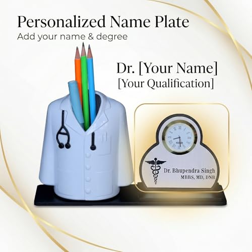 Image of Premium Apron /Coat Shape Pencil Holder for Clinic and Office Desk with clock | personalized gift for doctor Pen Stand | The best gift for doctors female, male & Medical Aspirants